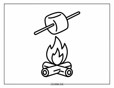 Coloriage de s'mores pour enfants : Simple feu de camp avec une guimauve sur un bâton