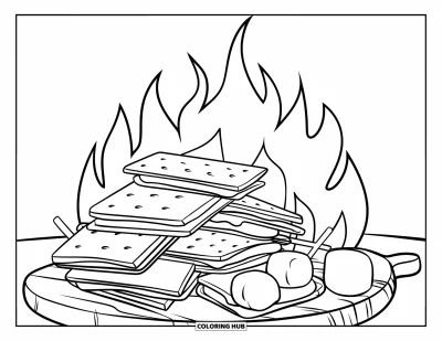 Coloriage de s'mores pour enfants : Ingrédients de s'mores sur une planche en bois près d'un feu de camp