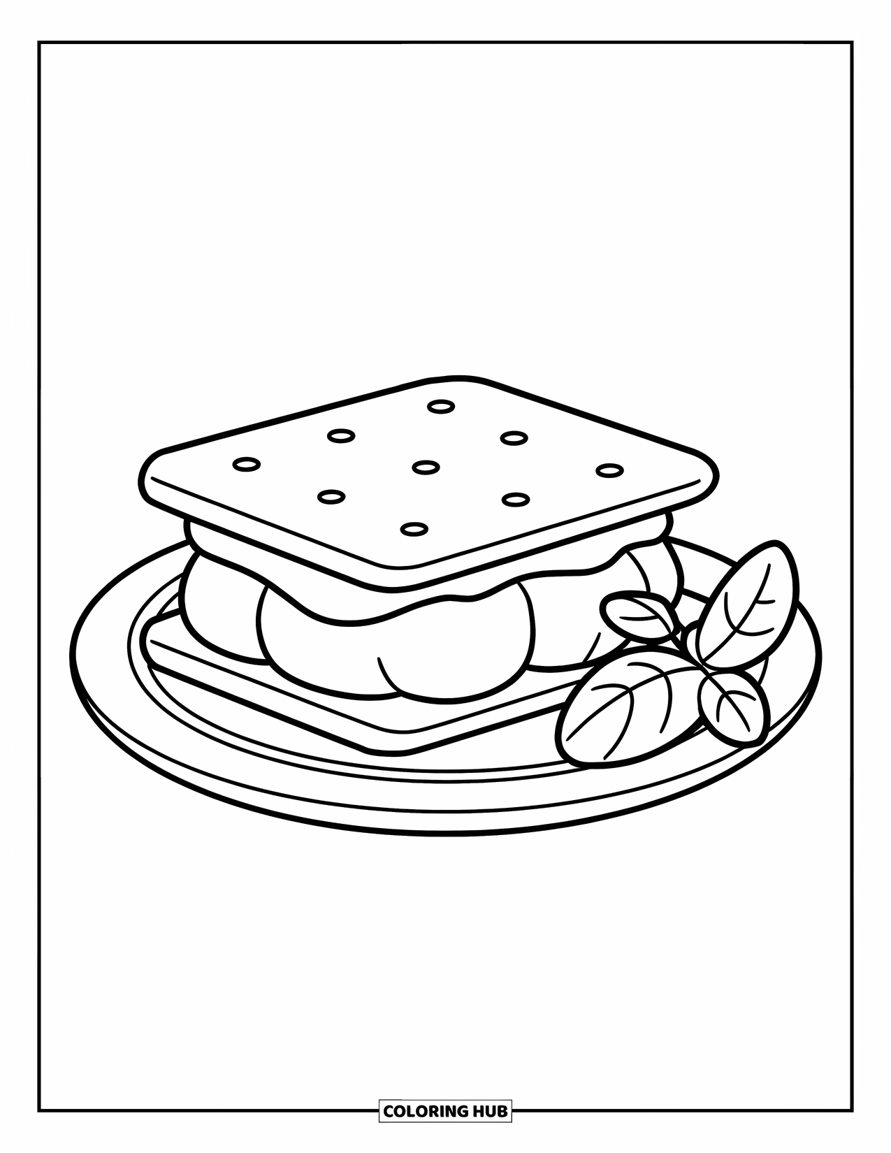 Smore Coloring Page for Kids: S'more on a plate with a sprig of mint