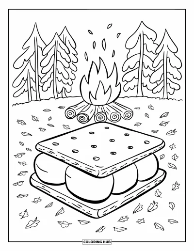 Coloriage de s'mores pour enfants : S'more avec guimauve, chocolat et biscuits graham près d'un feu de camp