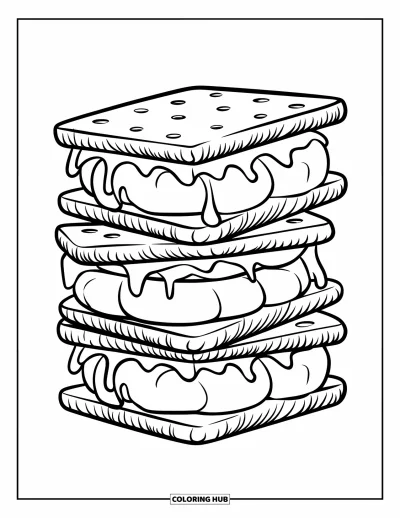 Coloriage de s'mores pour enfants : Pile de trois s'mores fondants sur un bâton