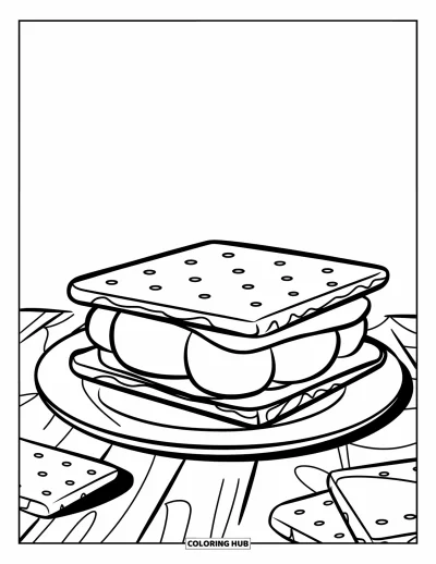 Coloriage de s'mores pour enfants : S'more empilé dans une assiette avec des biscuits supplémentaires