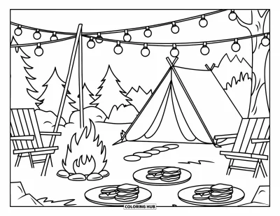 Coloriage de s'mores pour enfants : Tente et feu de camp avec guirlandes lumineuses, s'mores et vue sur la forêt