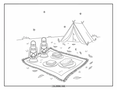 Coloriage de s'mores pour enfants : Tente et couverture de pique-nique avec des s'mores et une lanterne