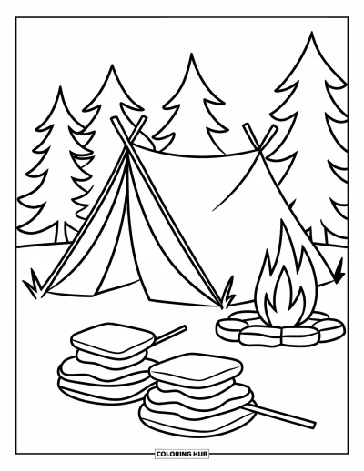Coloriage de s'mores pour enfants : Tente et sapins avec des s'mores sur des bâtons