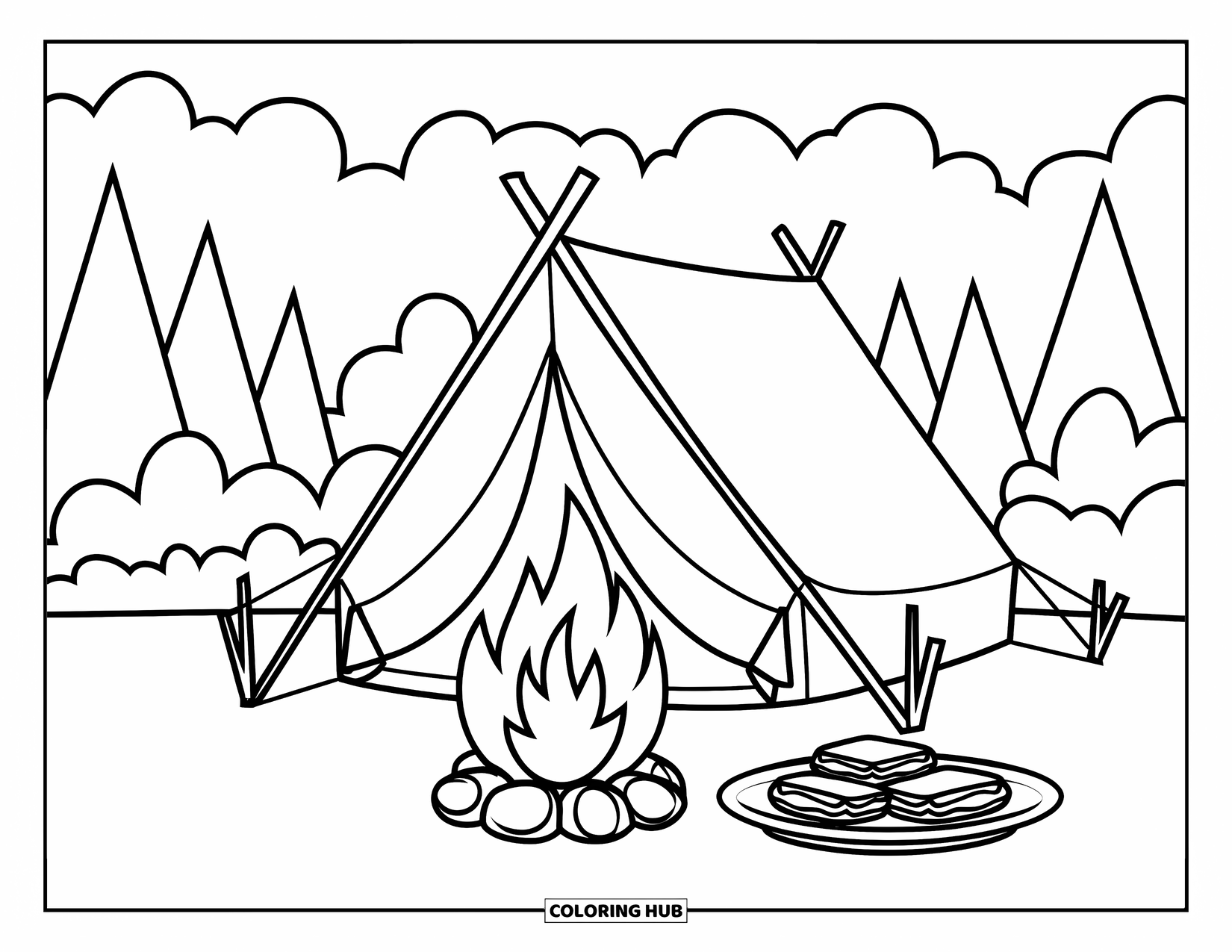 Smore Coloring Page for Kids: Tent, campfire, and plate of s'mores in the forest