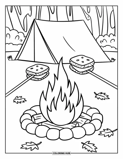 Coloriage de s'mores pour enfants : Feu de camp avec tente et deux s'mores grillant sur des bâtons