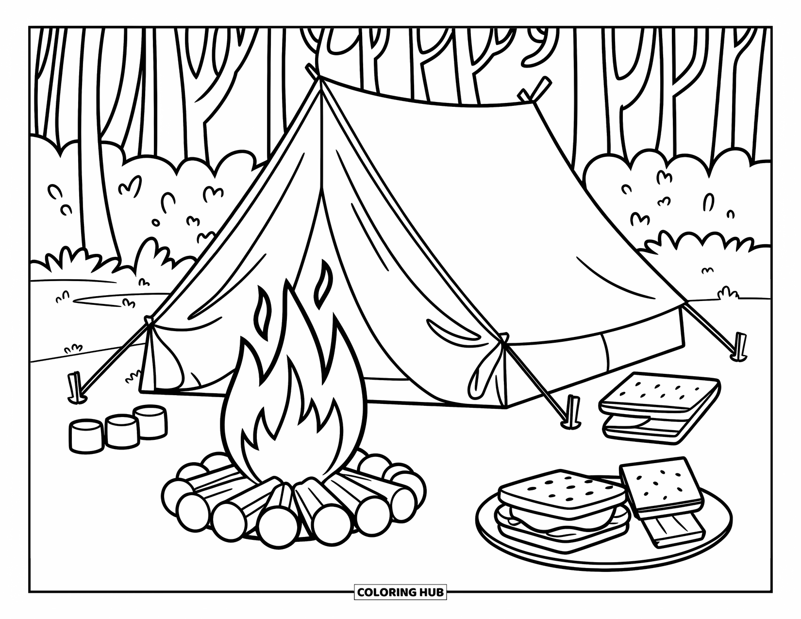 Smore Coloring Page for Kids: Tent with campfire, s'mores, and camping supplies