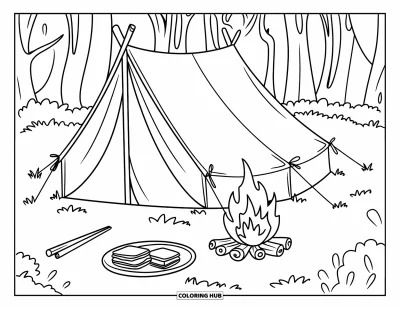 Coloriage de s'mores pour enfants : Tente avec feu de camp, trépied et assiette de s'mores