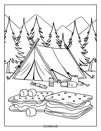 Coloriage de s'mores pour enfants : Tente avec s'mores et montagnes en arrière-plan