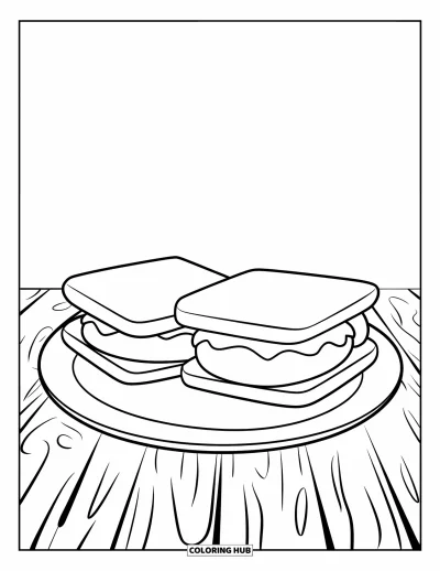 Coloriage de s'mores pour enfants : Trois s'mores dans une assiette sur une table en bois