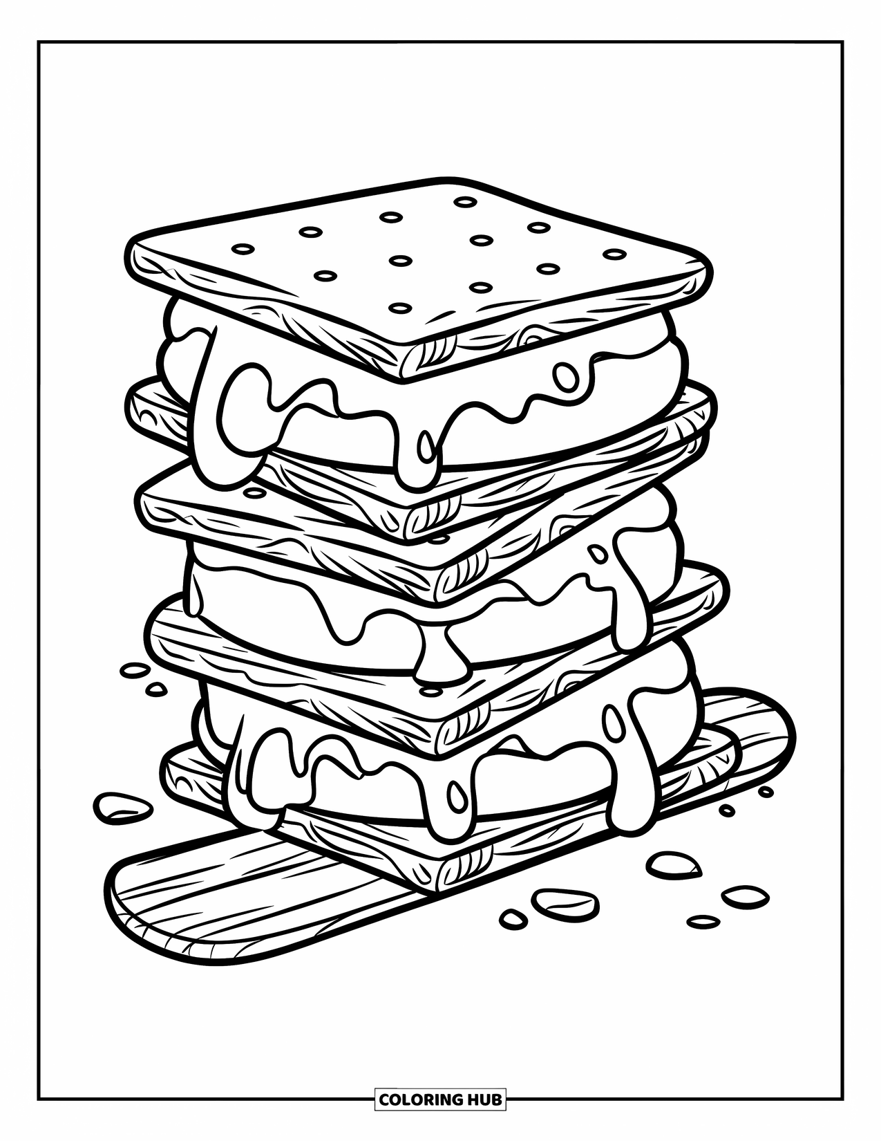 Smore Coloring Page for Kids: Three s'mores on a stick with crumbs sprinkled around