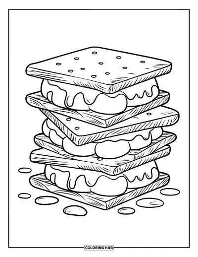 Coloriage de s'mores pour enfants : Trois s'mores empilés avec guimauve et chocolat fondants