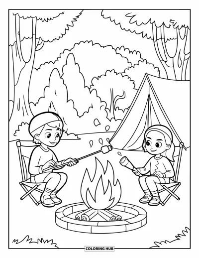 Coloriage de s'mores pour enfants : Deux campeurs près du feu faisant griller des guimauves en discutant