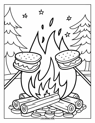 Coloriage de s'mores pour enfants : Deux s'mores grillant au-dessus d'un feu sous les étoiles