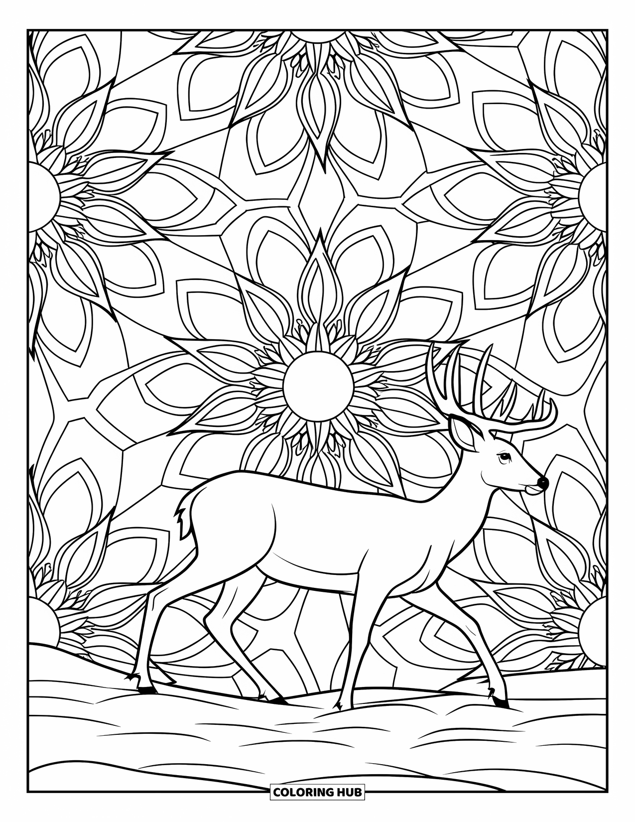 Snow Coloring Page for Adults: A deer in snow surrounded by detailed floral mandalas