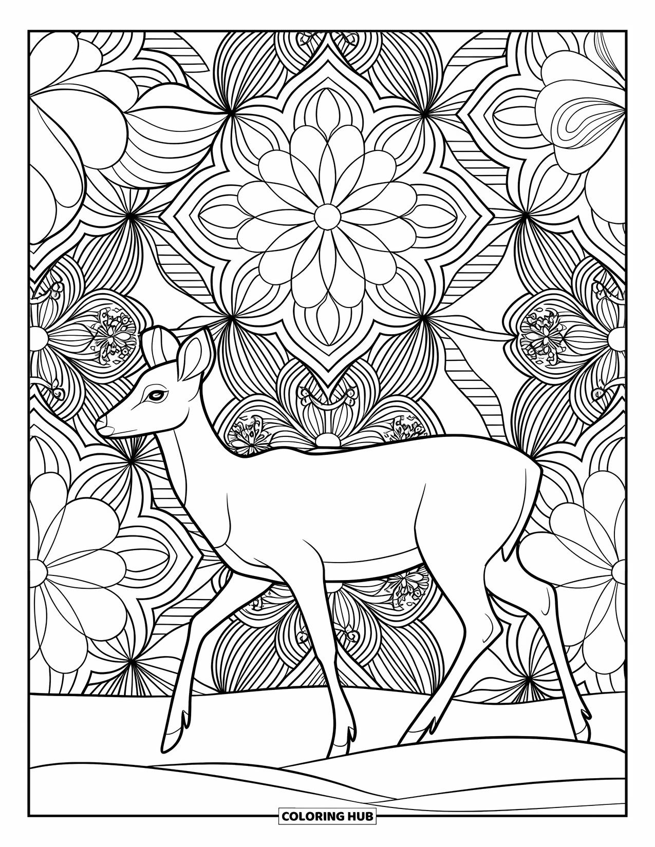 Snow Coloring Page for Adults: A deer walks on snowy ground framed by floral mandalas