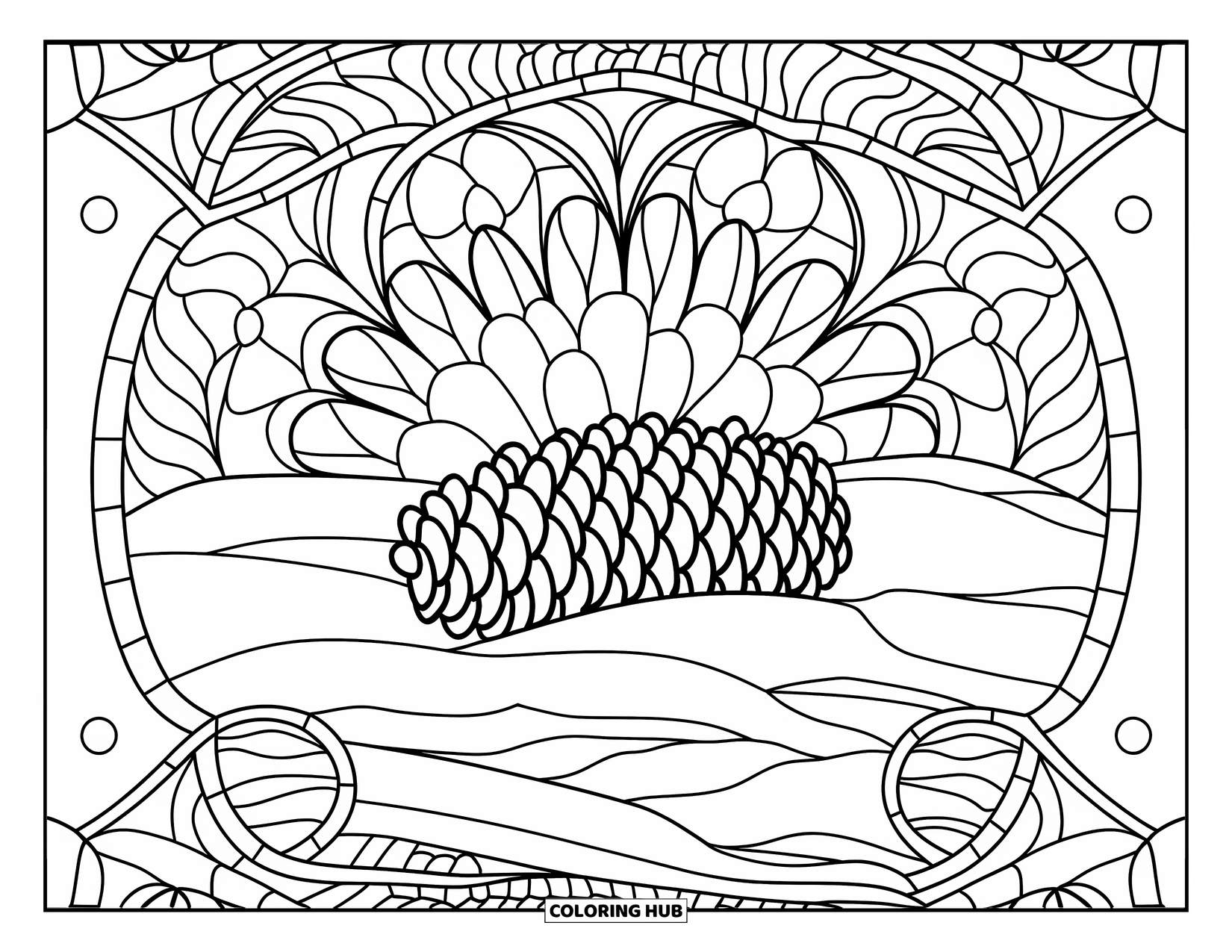 Snow Coloring Page for Adults: A floral stained-glass design frames a pinecone resting in the snow