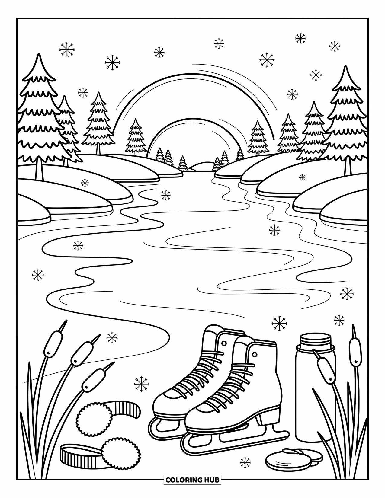 Snow Coloring Page for Adults: A frozen lake with skates, mittens, and snowflakes drifting through the air