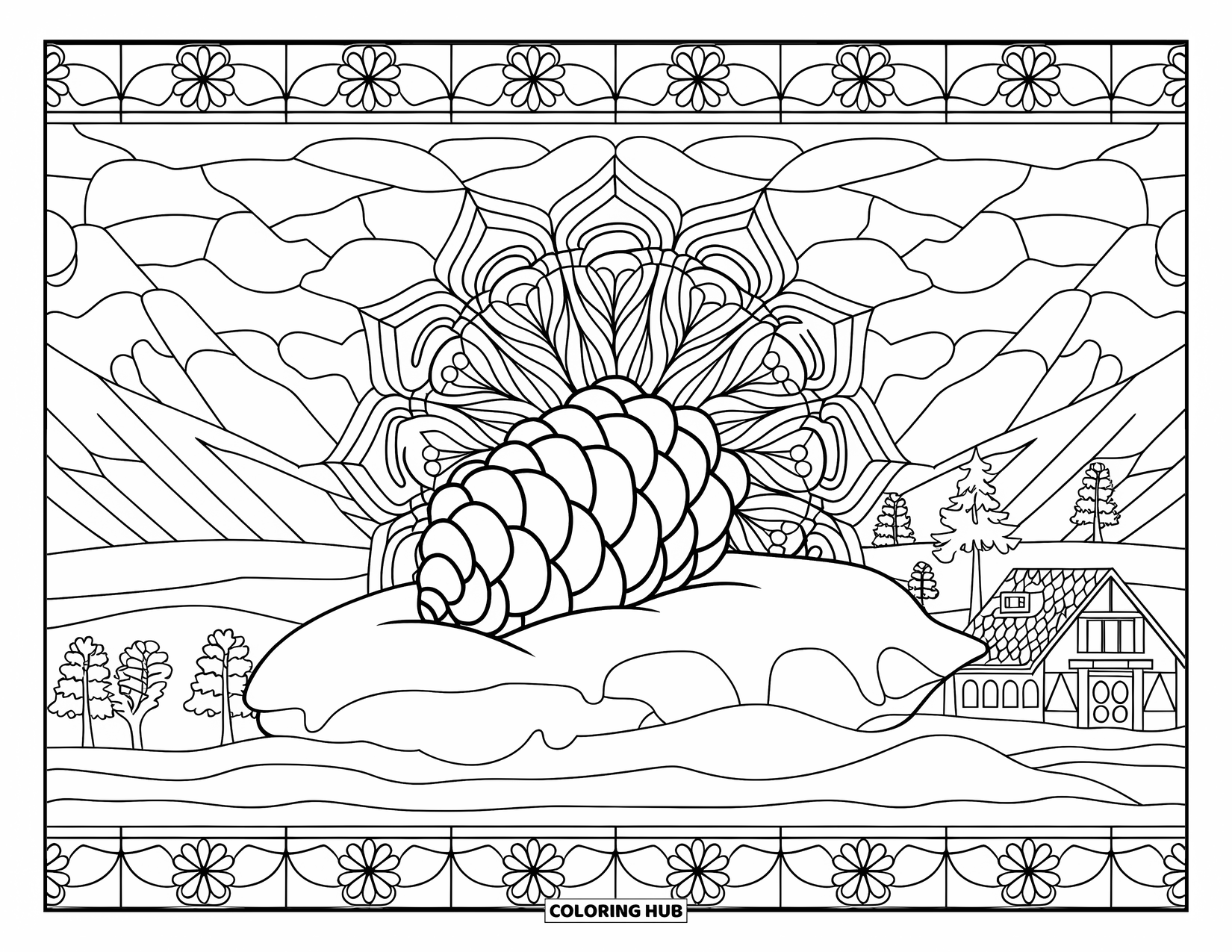 Snow Coloring Page for Adults: A pinecone in snow surrounded by a floral stained-glass design and landscape