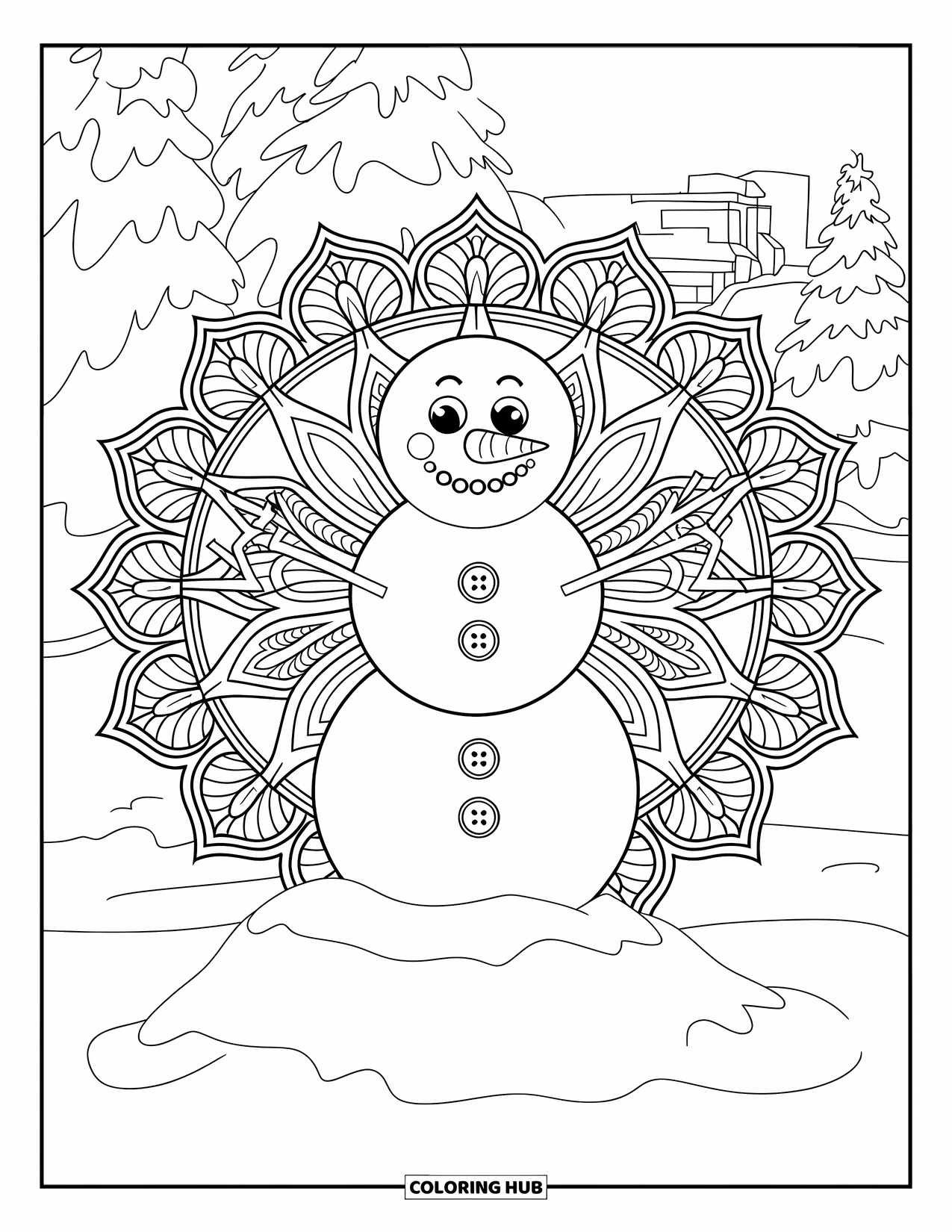 Snow Coloring Page for Adults: A smiling snowman on a snow mound framed by mandalas
