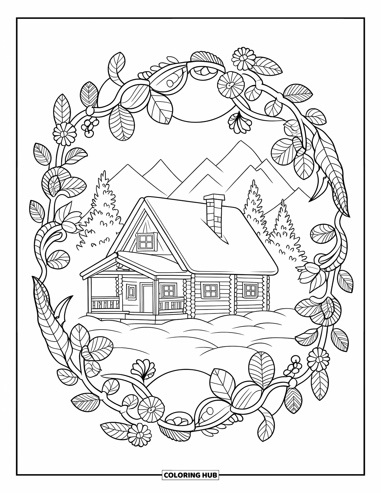 Snow Coloring Page for Adults: A snow-covered cabin framed by detailed botanical mandalas