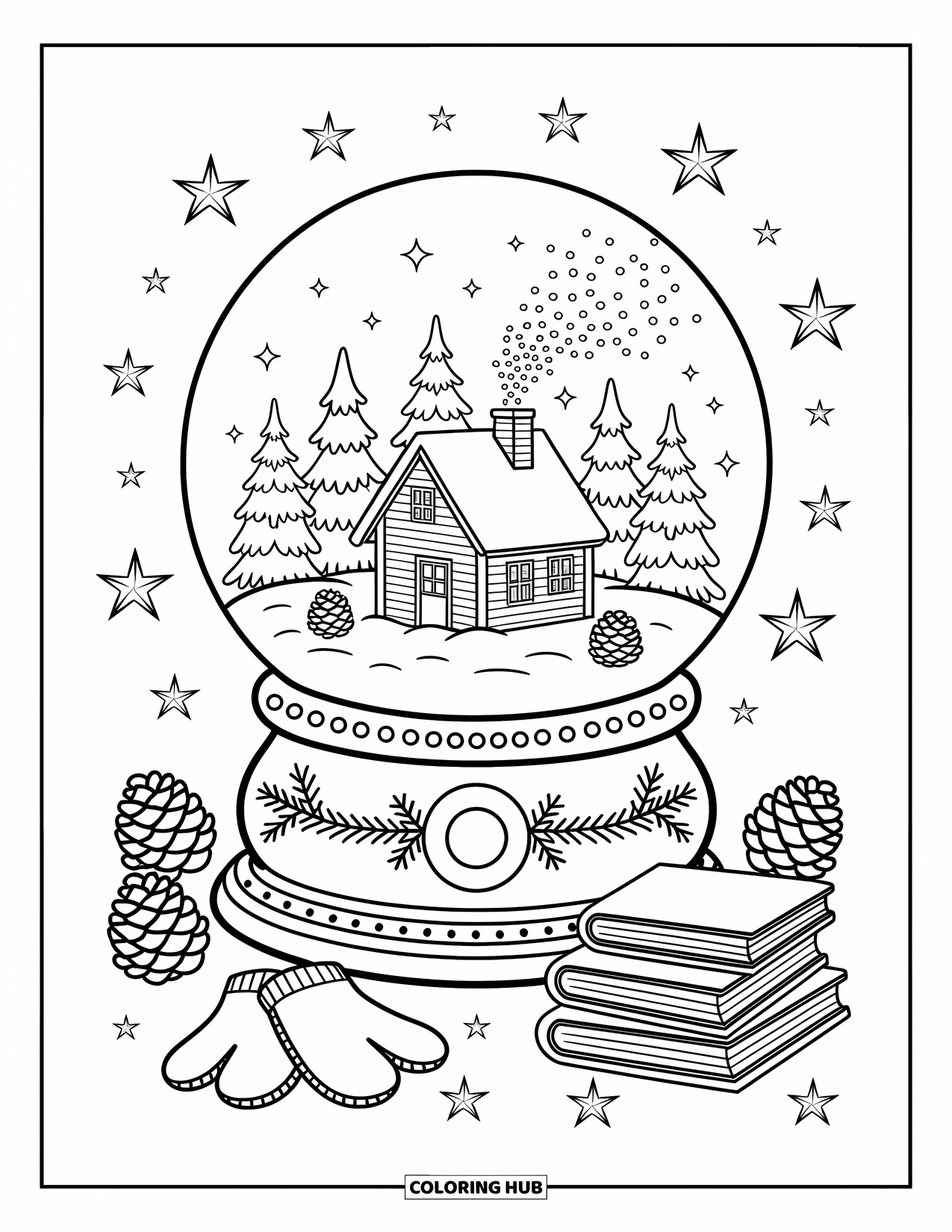 Snow Coloring Page for Adults: A snow globe with a cabin, fir trees, books, and cozy mittens