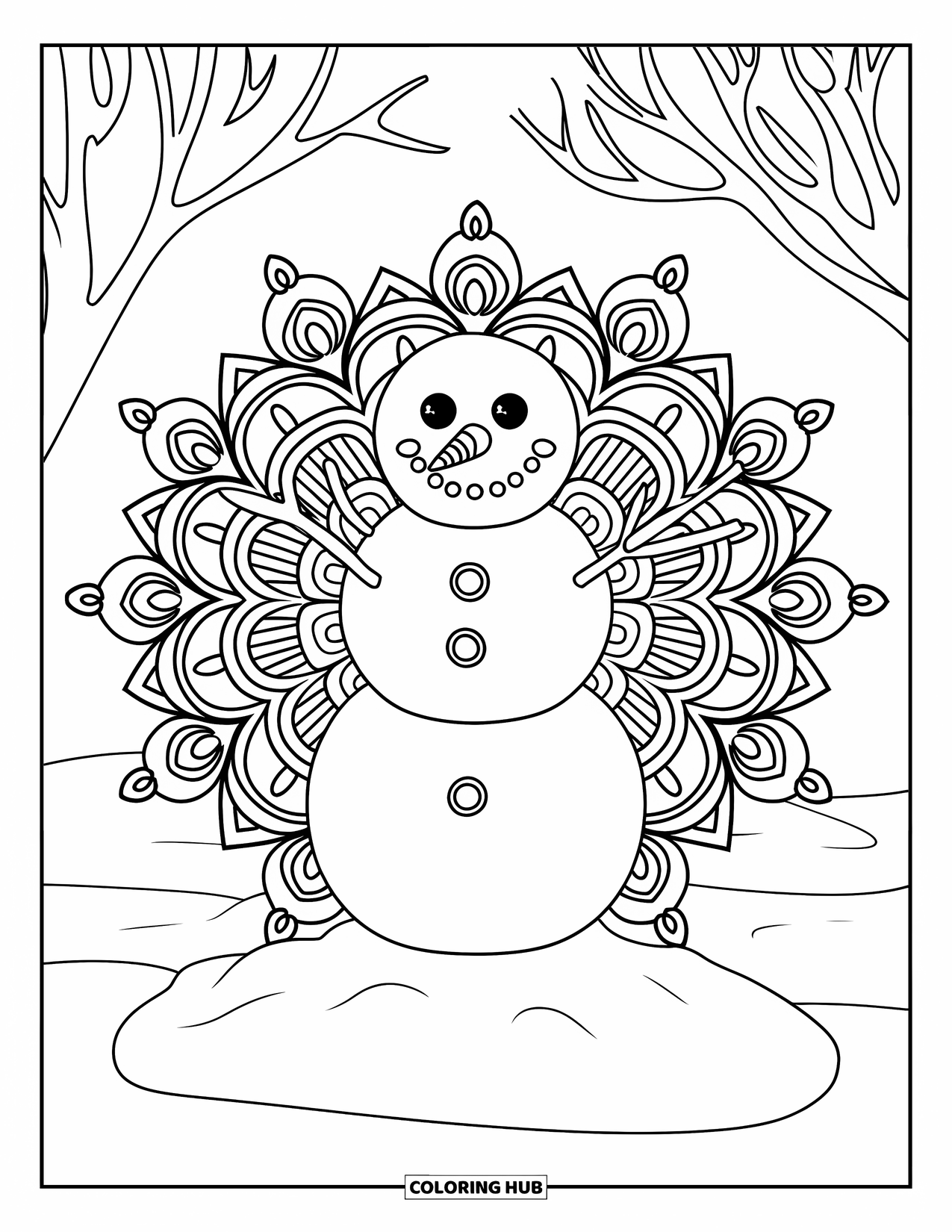Snow Coloring Page for Adults: A snowman on a mound surrounded by detailed mandala designs