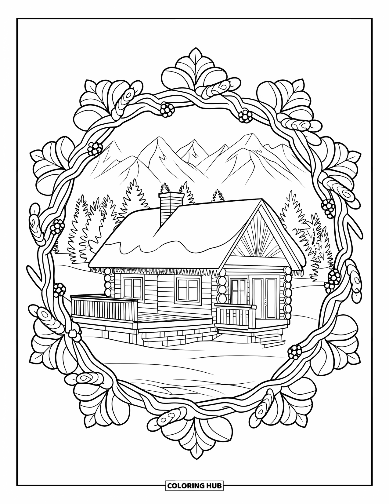 Snow Coloring Page for Adults: A snowy cabin surrounded by vines with mountains in the distance