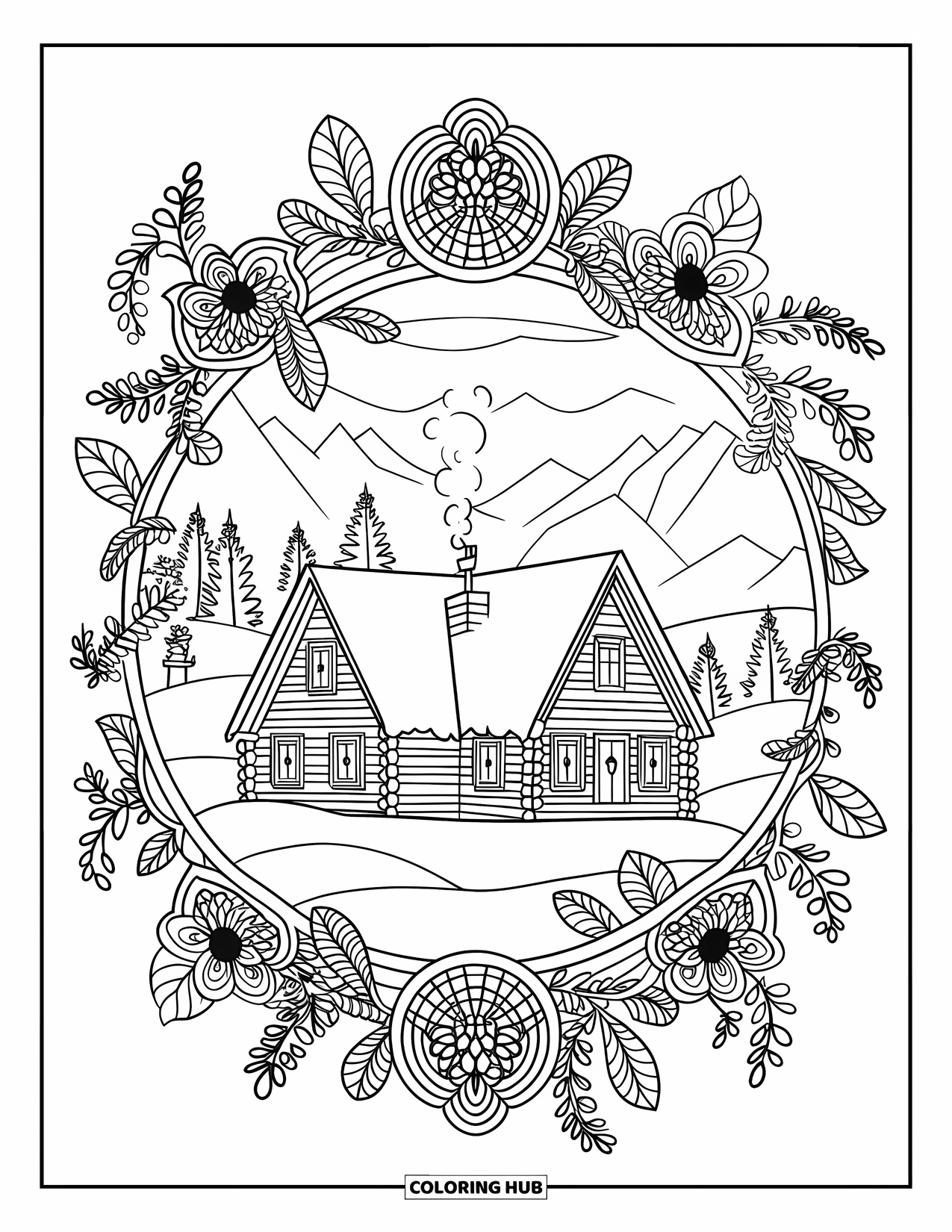 Snow Coloring Page for Adults: A snowy cabin with smoke rising framed by mandala vines