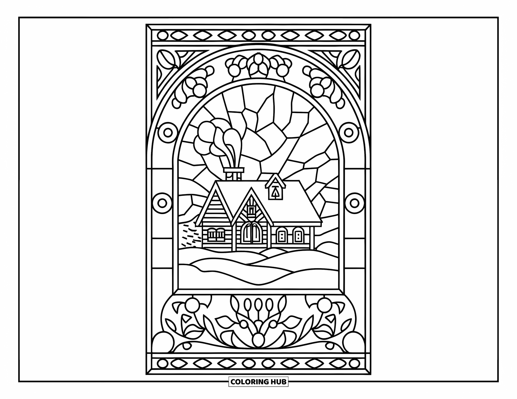 Snow Coloring Page for Adults: A snowy house with a chimney framed by floral stained-glass borders