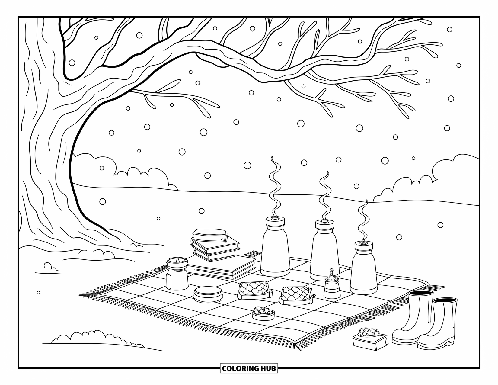 Snow Coloring Page for Adults: A snowy picnic blanket with flasks, snacks, and books beneath a big tree