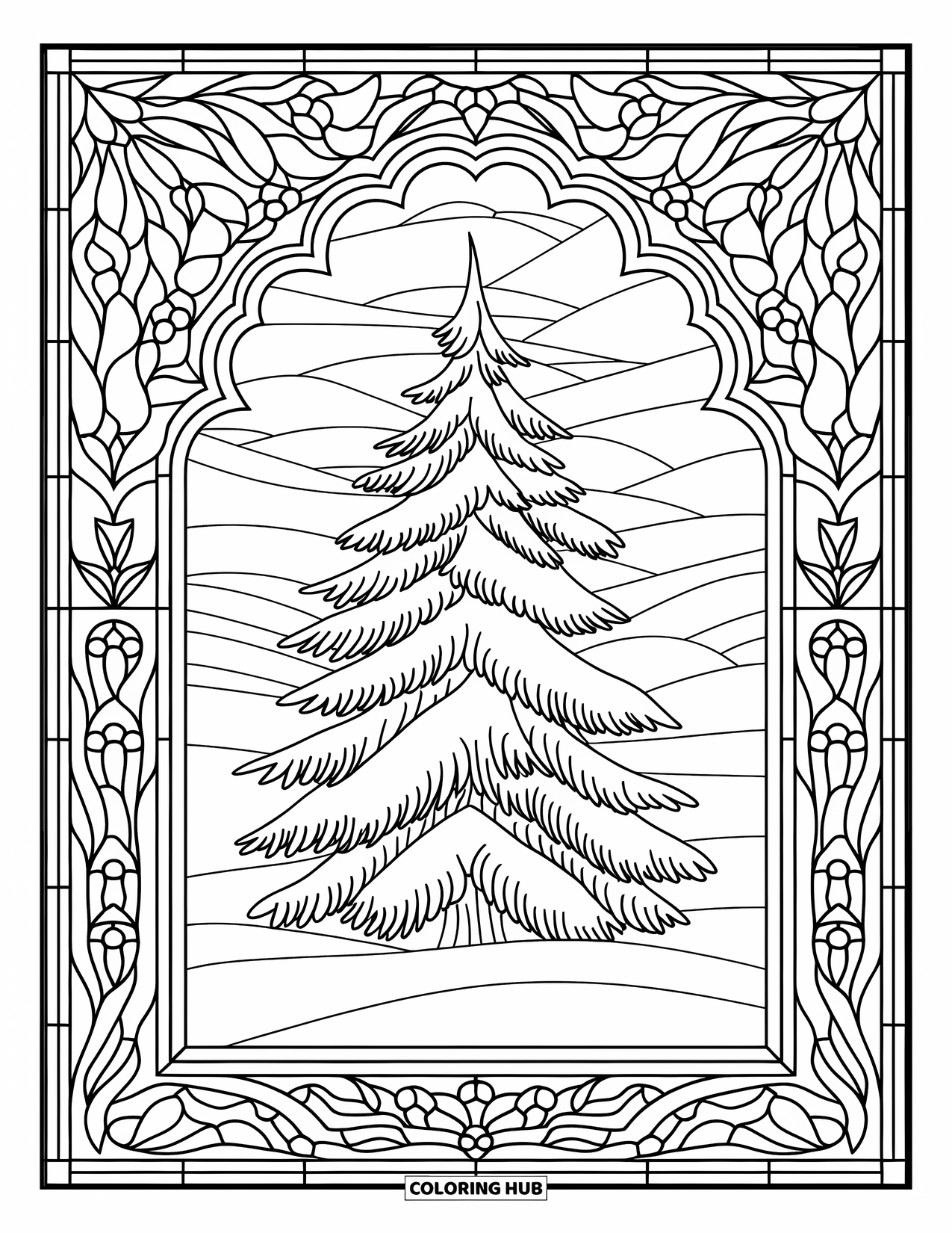 Snow Coloring Page for Adults: A snowy pine tree framed by floral stained-glass patterns