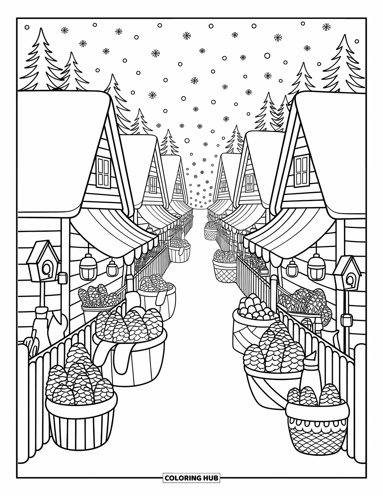 Snow Coloring Page for Adults: A snowy street lined with houses, lanterns, and stalls filled with pinecones