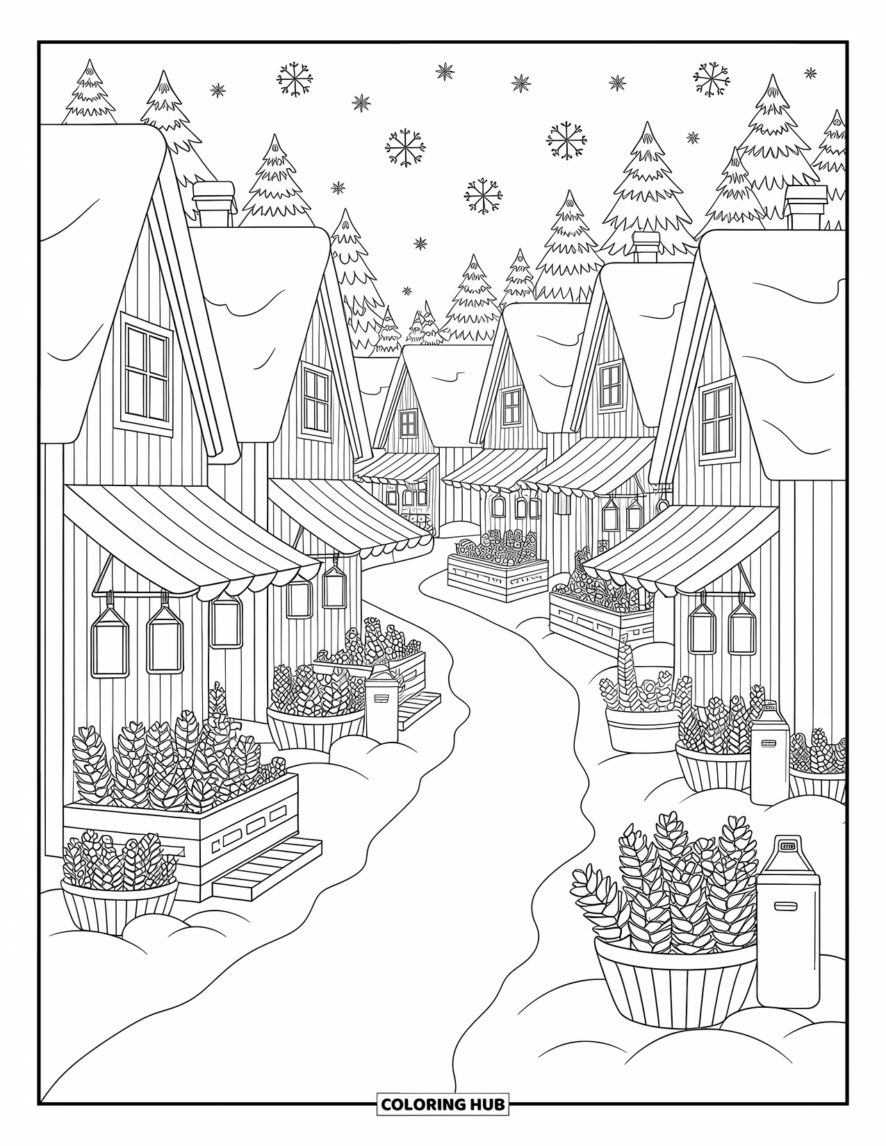 Snow Coloring Page for Adults: A snowy street with lanterns, houses, pinecones, and winter stalls