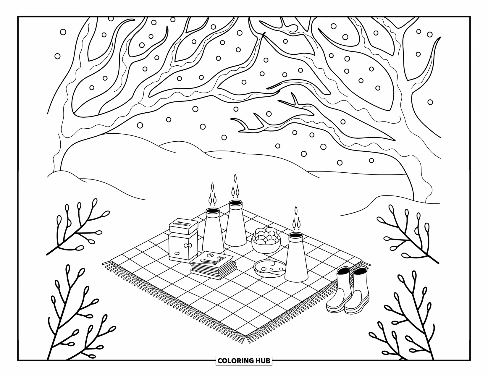 Snow Coloring Page for Adults: A winter picnic scene with books, snacks, and boots beneath snowy branches