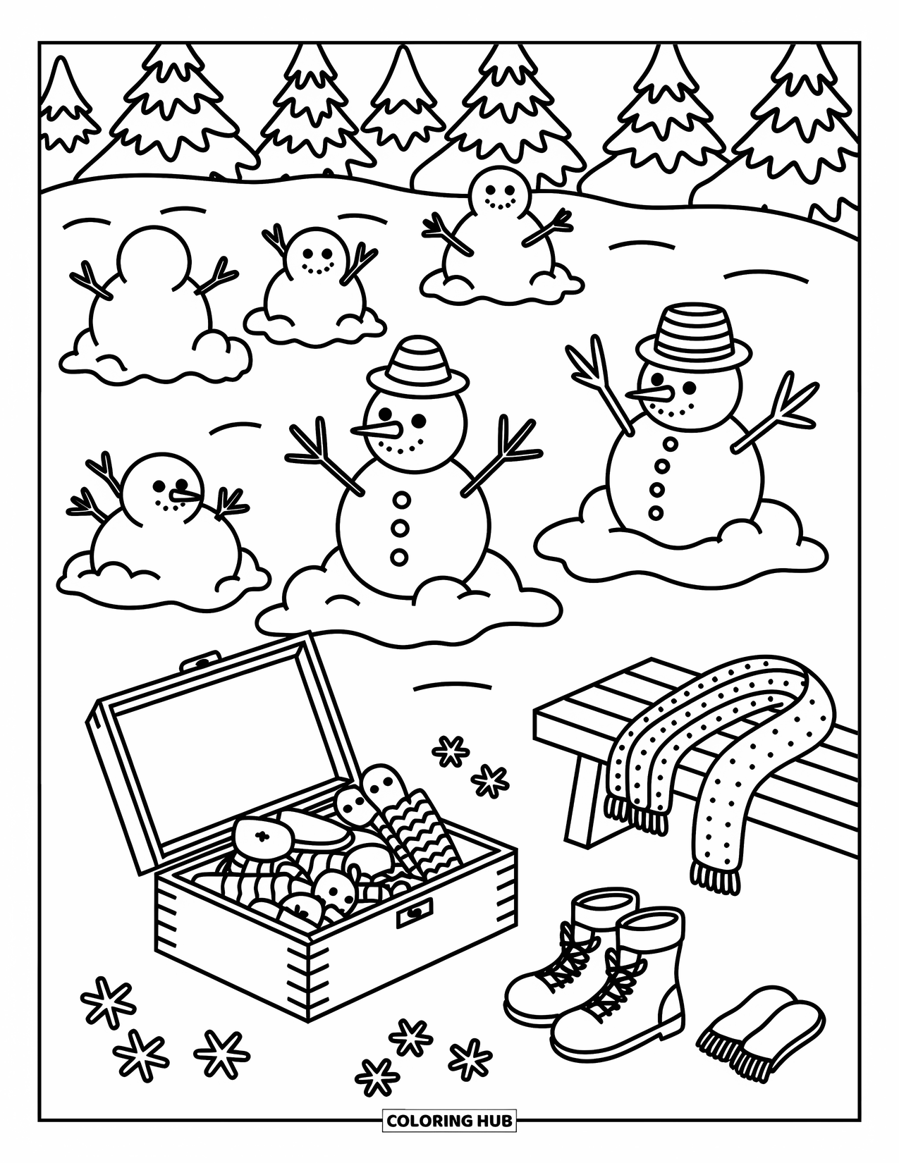 Snow Coloring Page for Adults: Snowmen, scarves, and mittens scatter across a meadow of fresh snow