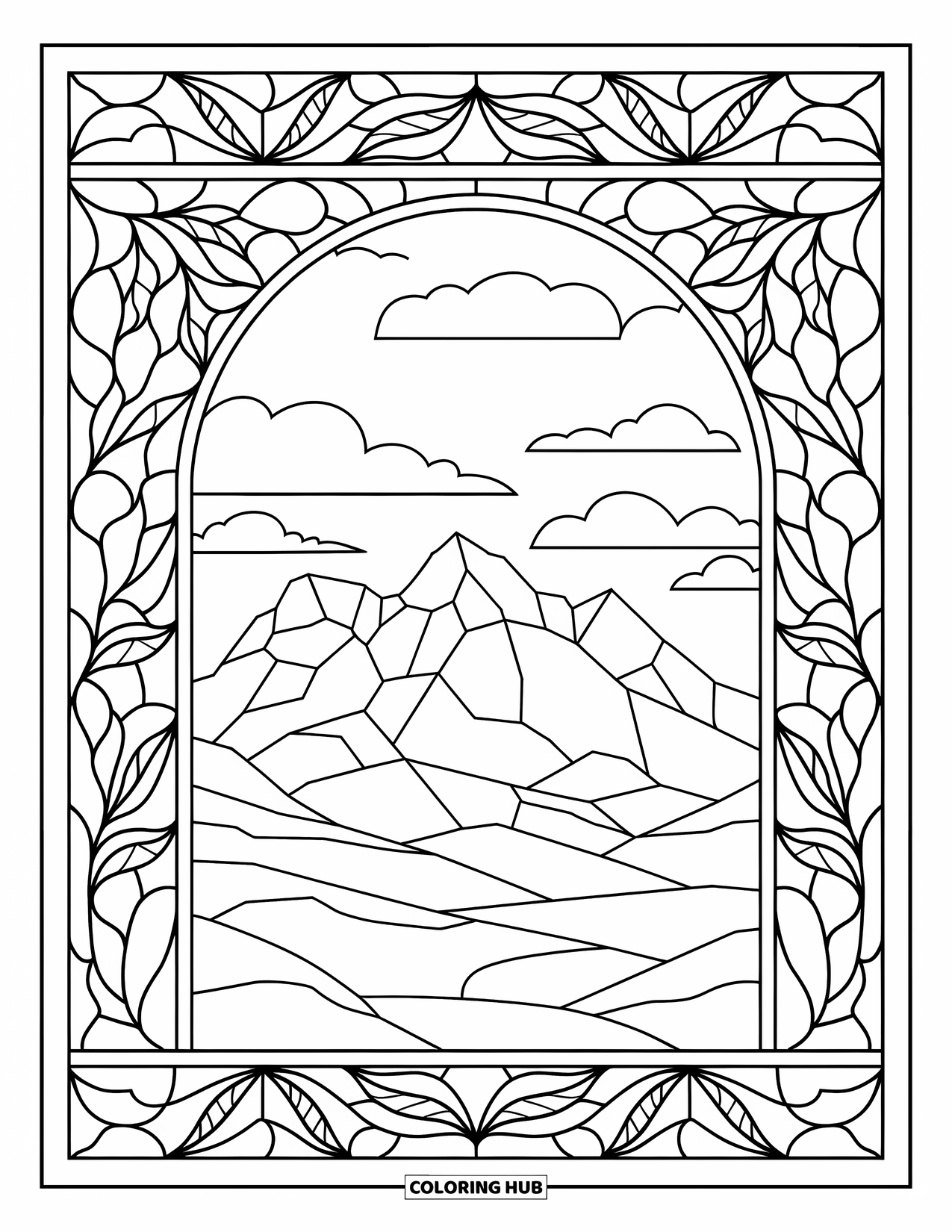 Snow Coloring Page for Adults: Snowy mountains framed by floral stained-glass leaves and clouds