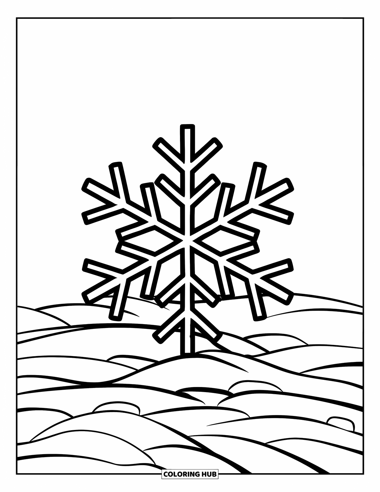 Snow Coloring Page for Kids: A delicate snowflake with branching arms rests on snow