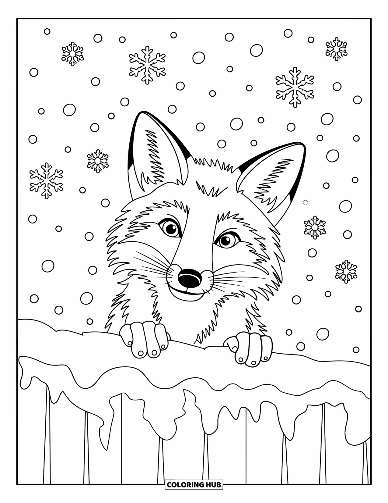Snow Coloring Page for Kids: A fox peeks out of a tall snowy bank
