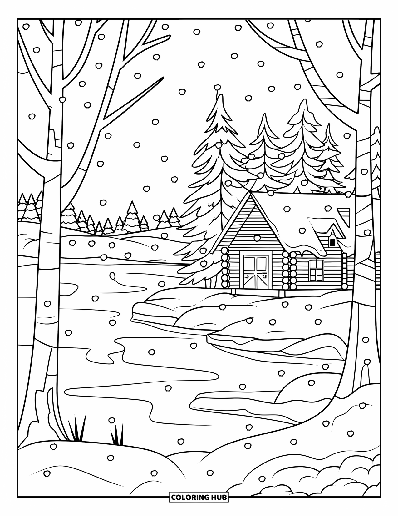 Snow Coloring Page for Kids: A frozen lake with cracks, trees, and a snowy cabin