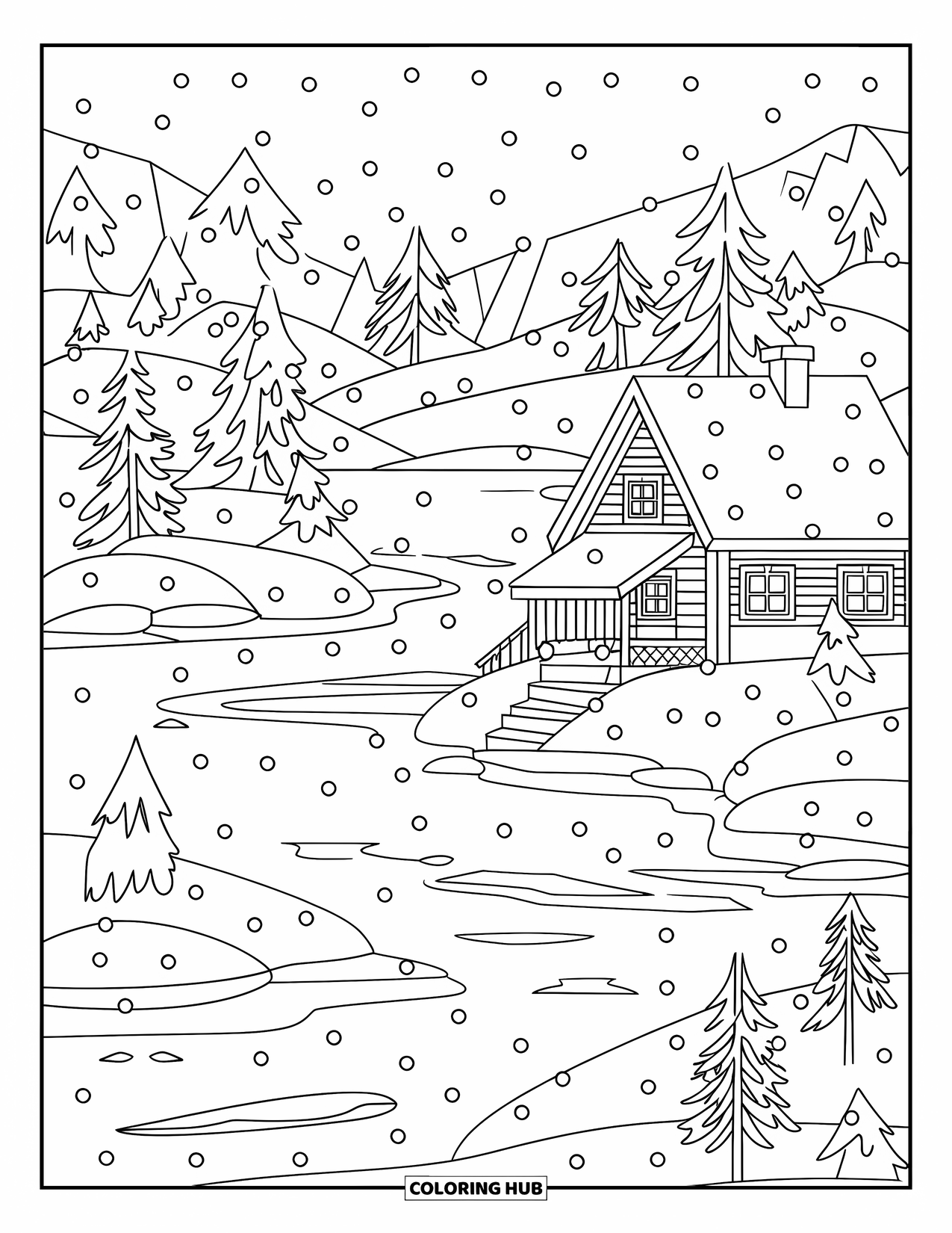 Snow Coloring Page for Kids: A frozen lake with snowy trees and a cabin nearby