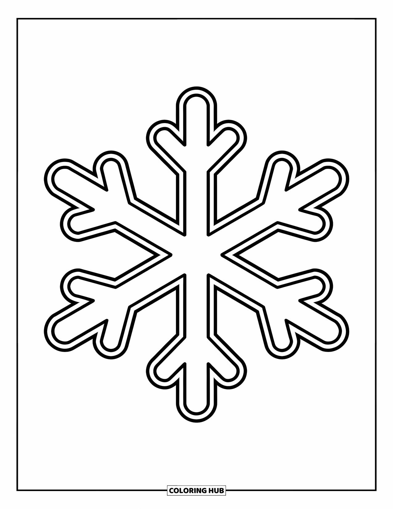 Snow Coloring Page for Kids: A large snowflake with round arms falls gently