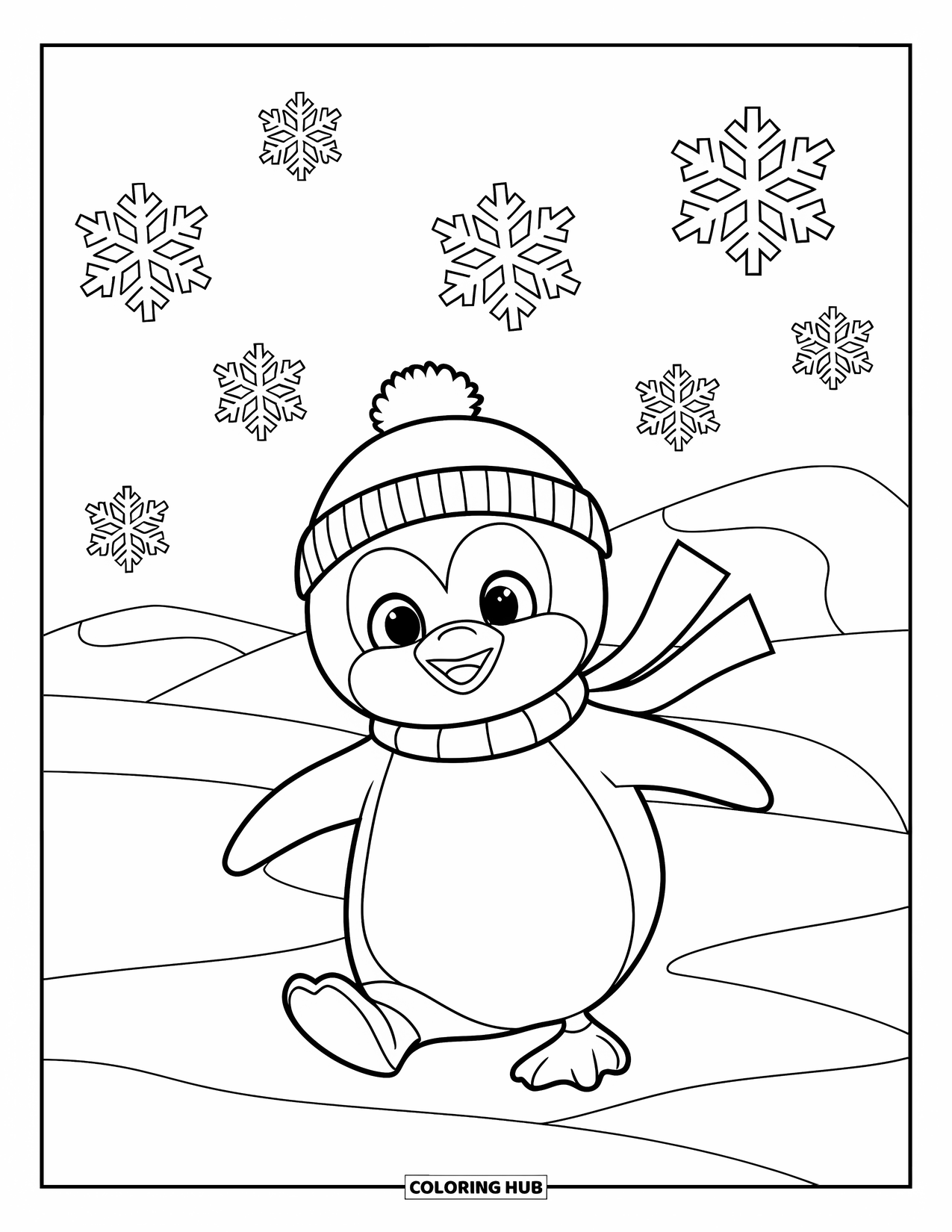 Snow Coloring Page for Kids: A penguin in a hat waddles in snowy hills