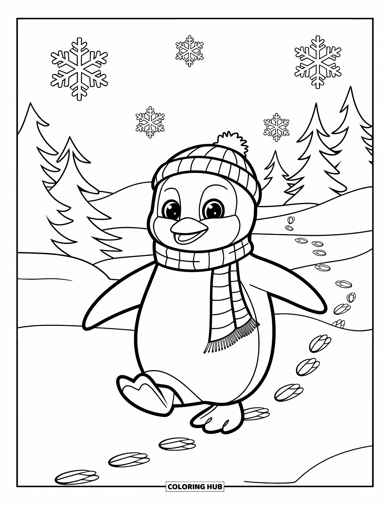 Snow Coloring Page for Kids: A penguin with a scarf waddles through the snow