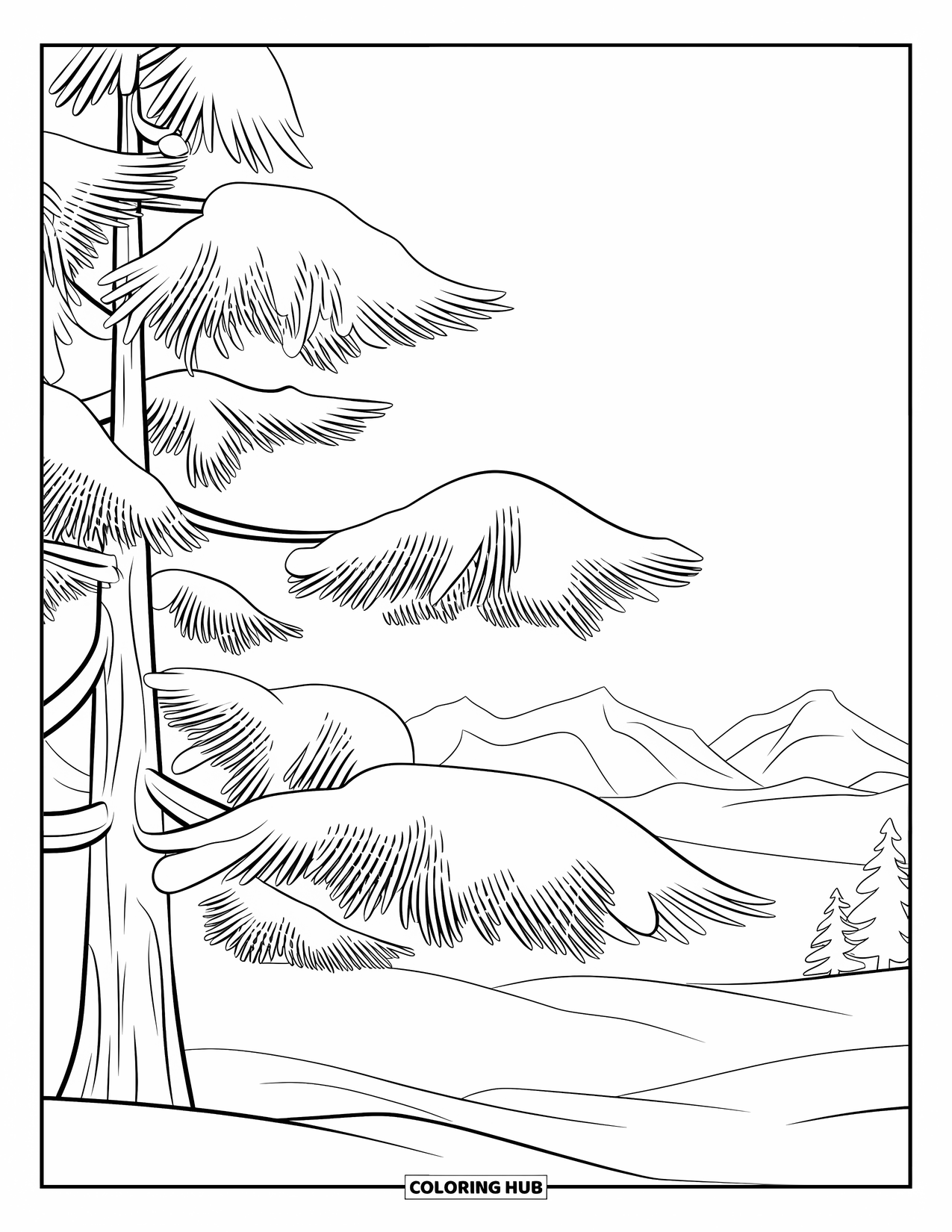 Snow Coloring Page for Kids: A pine tree covered in snow stands by mountains