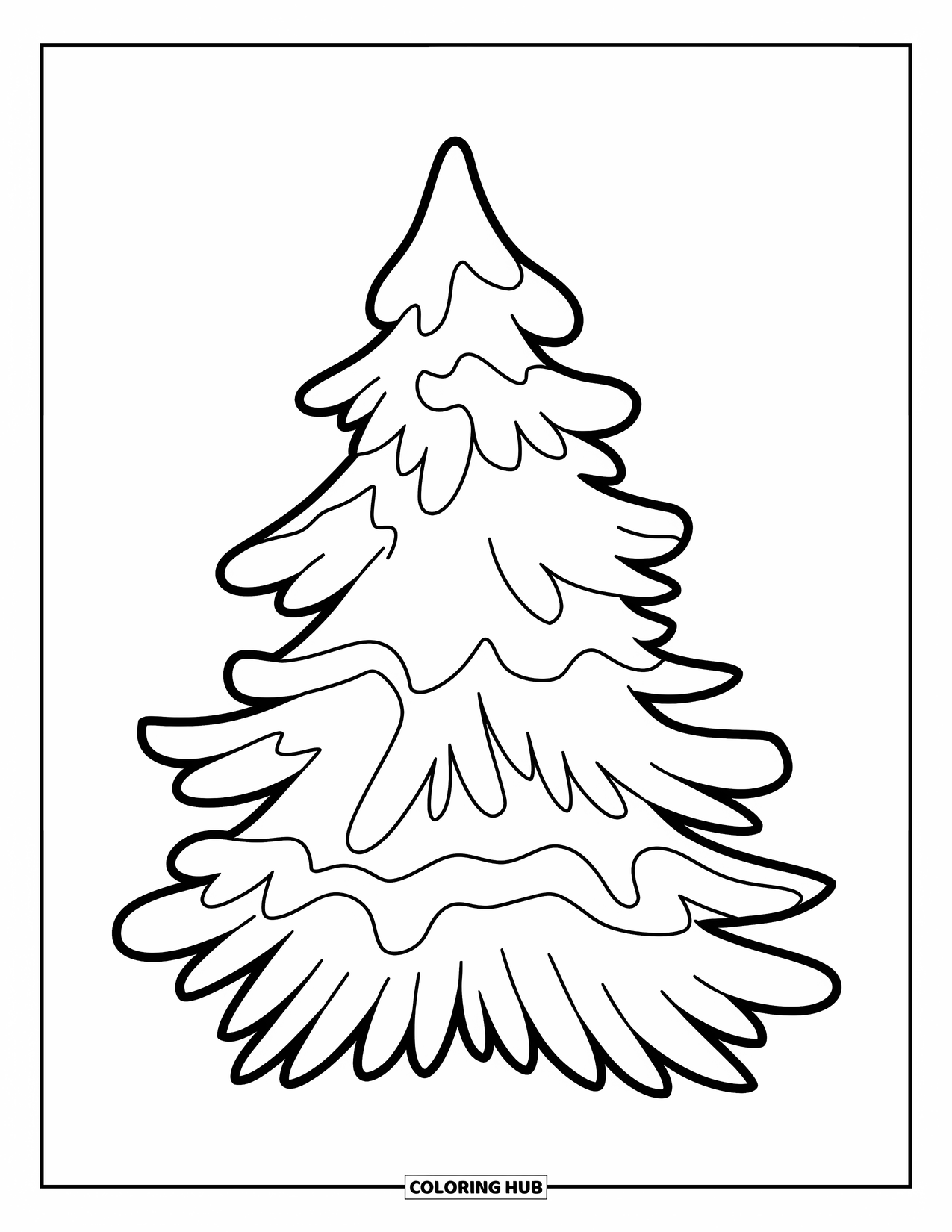 Snow Coloring Page for Kids: A pine tree stands tall with snow on its branches
