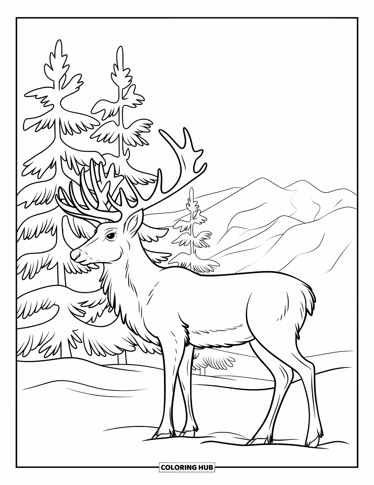 Snow Coloring Page for Kids: A reindeer stands in snow beside tall pine trees