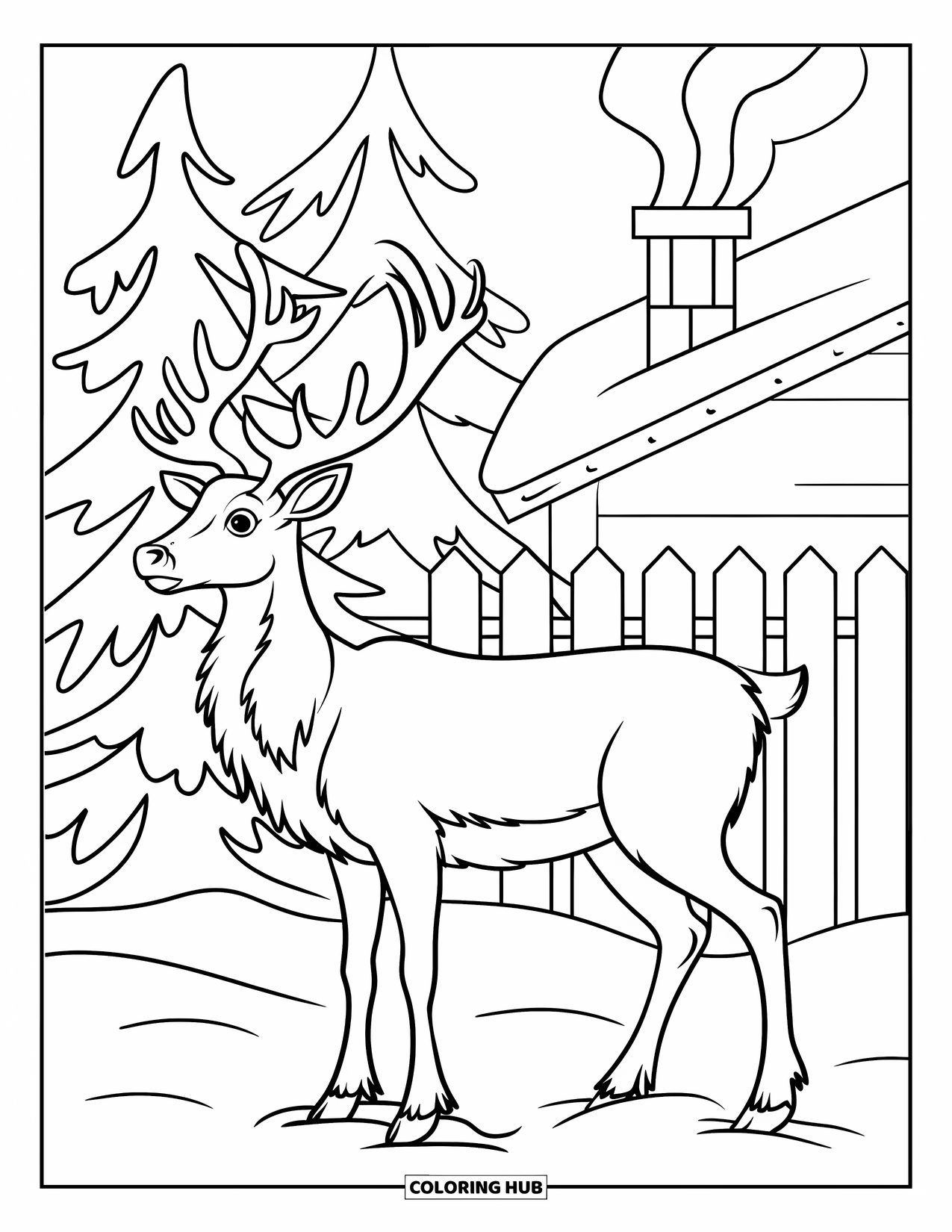 Snow Coloring Page for Kids: A reindeer stands in snow by a fence and house