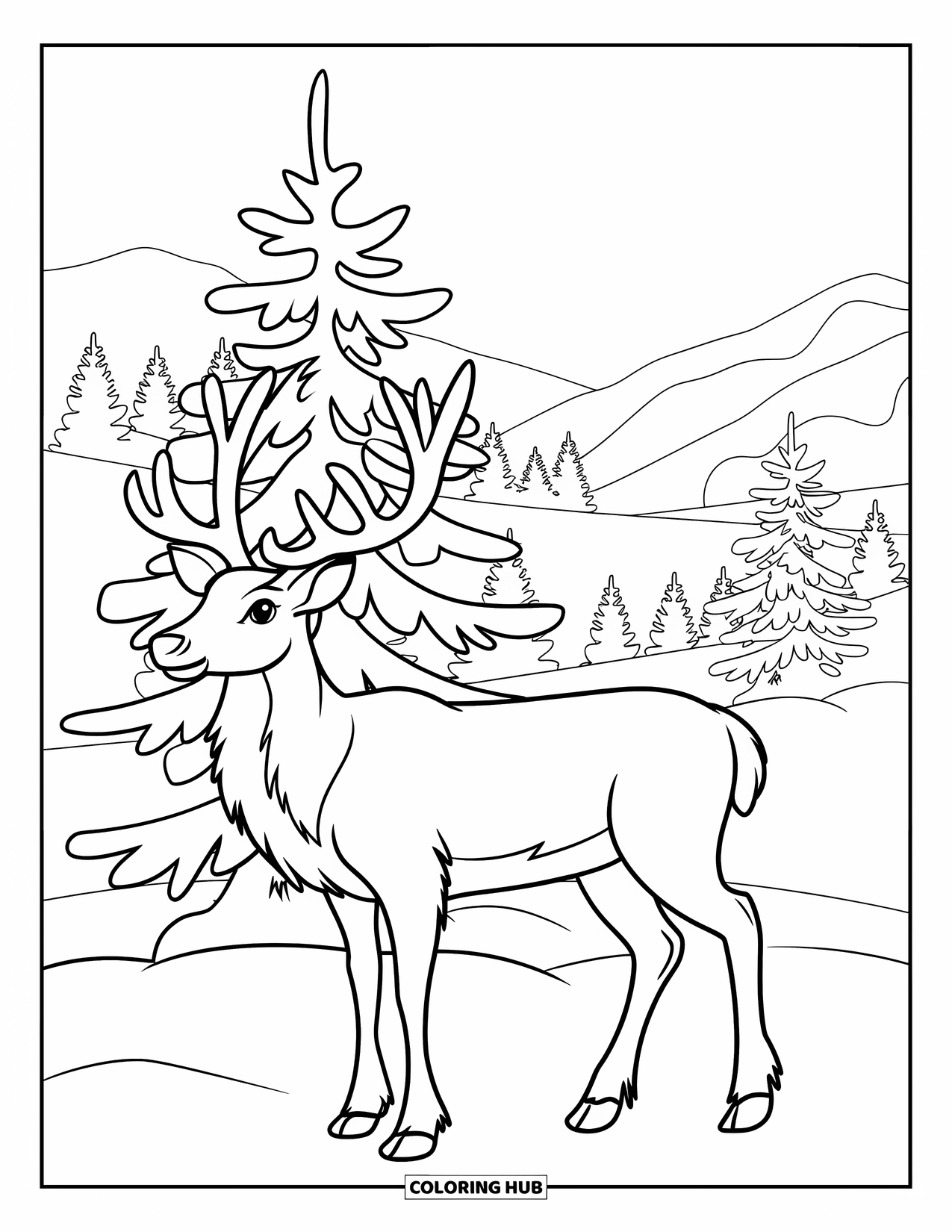 Snow Coloring Page for Kids: A reindeer stands near pine trees and snowy mountains
